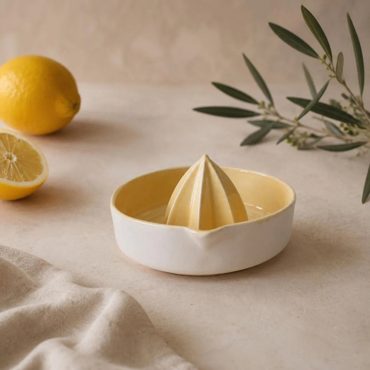 Yellow Porcelain Citrus Juicer, Handmade Lemon Reamer with Pour Spout