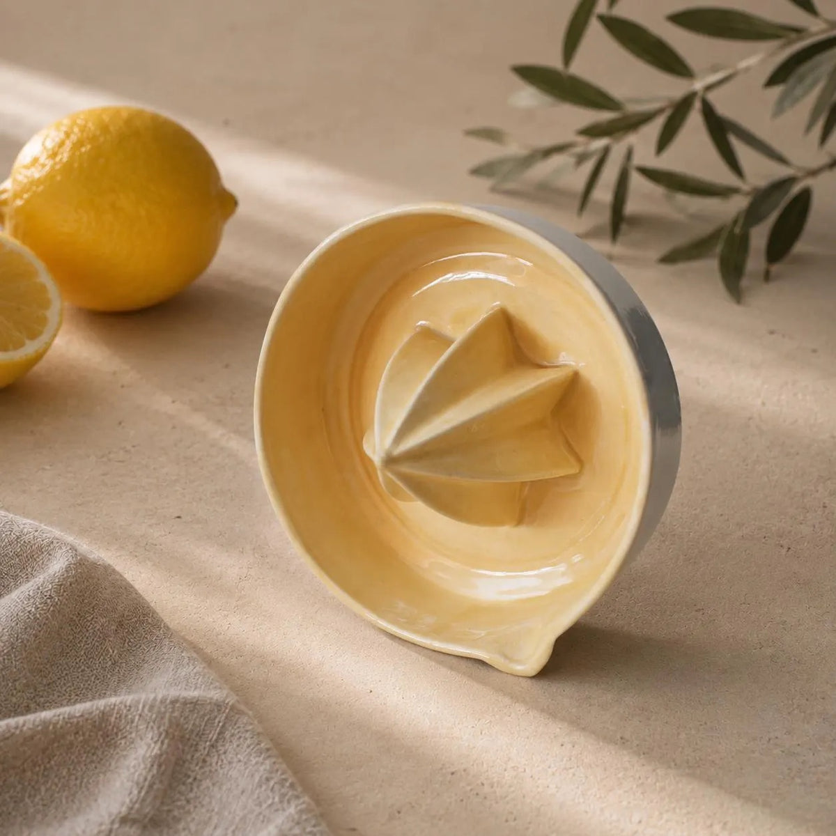 Yellow Porcelain Citrus Juicer, Handmade Lemon Reamer with Pour Spout