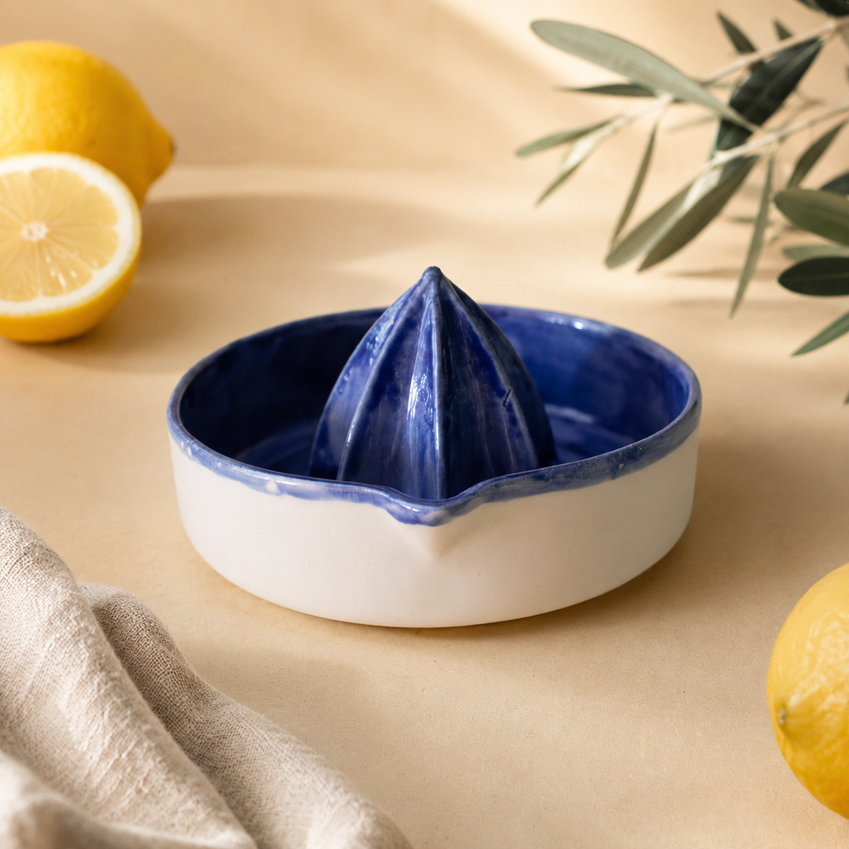 Deep Blue Porcelain Citrus Juicer, Handmade Lemon Reamer with Pour Spout