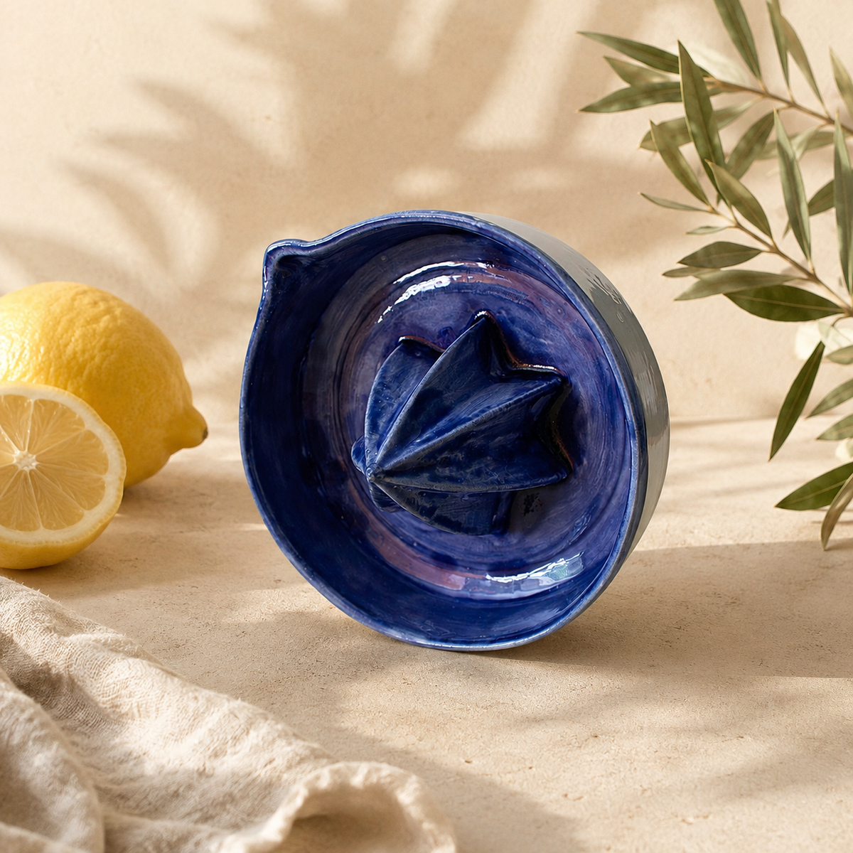 Deep Blue Porcelain Citrus Juicer, Handmade Lemon Reamer with Pour Spout