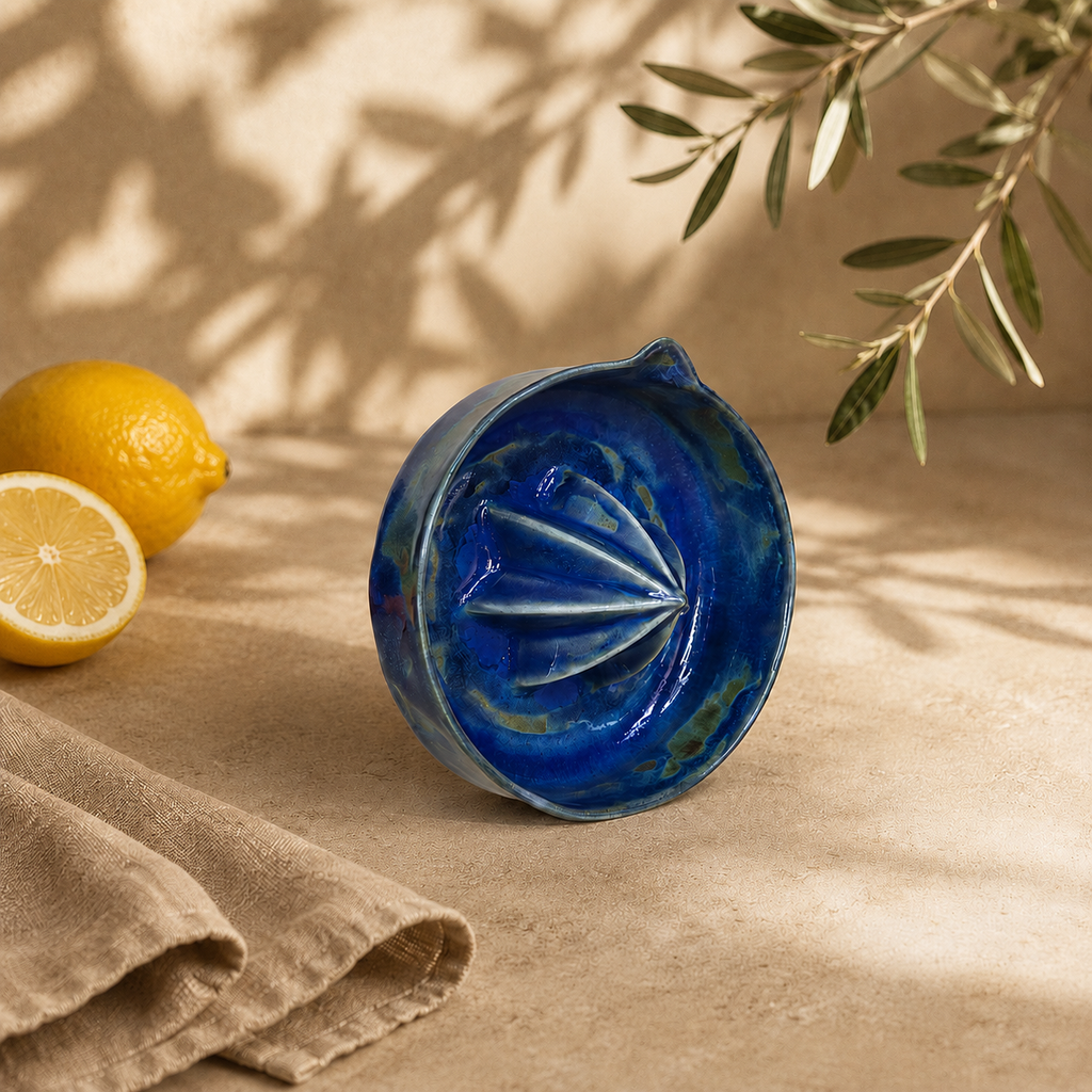 Cobalt Blue Porcelain Citrus Juicer, Handmade Lemon Reamer with Pour Spout