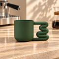 Dark Green Porcelain Mug, 13.5 oz Sculptural Squiggle Handle Coffee Cup
