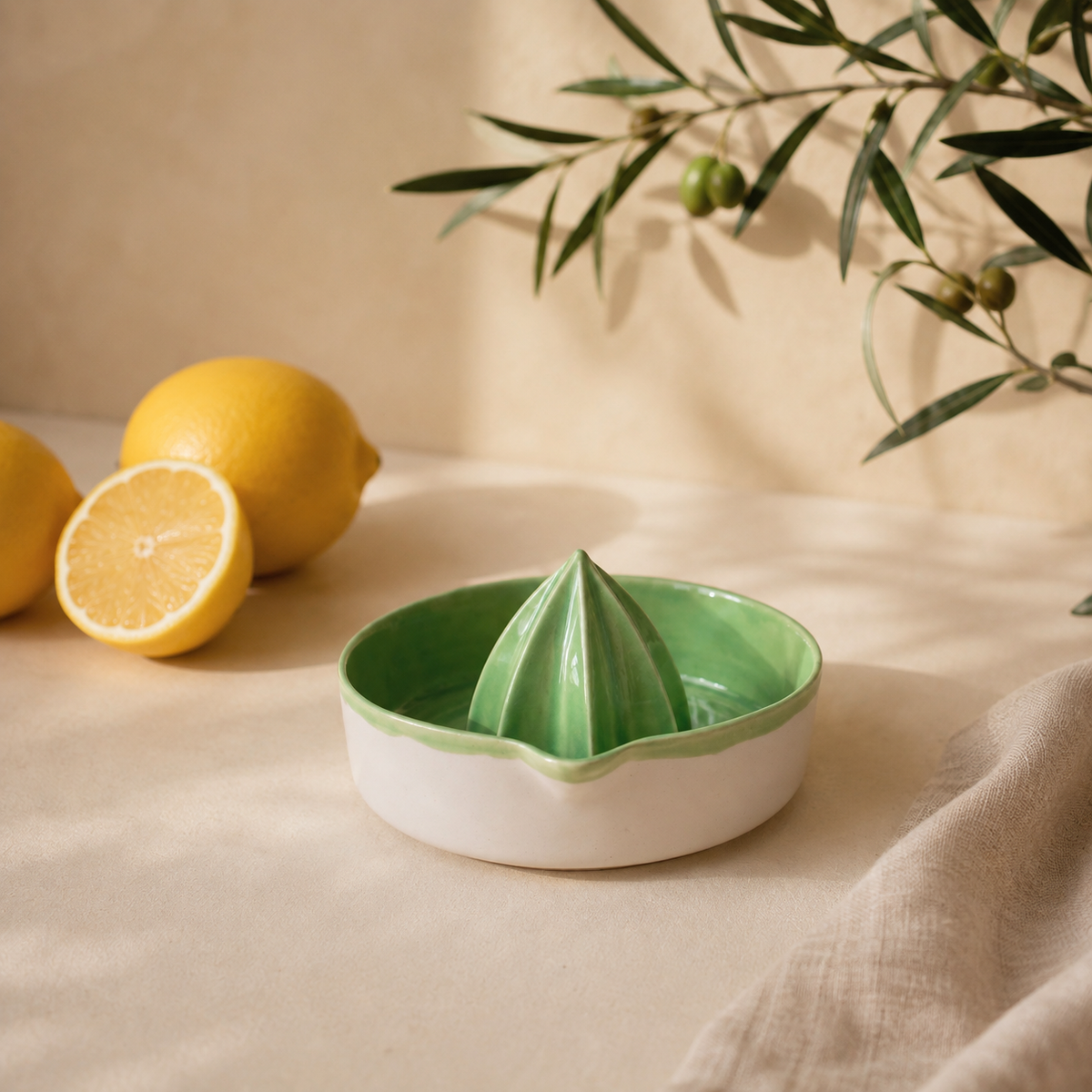 Green Porcelain Citrus Juicer, Handmade Lemon Reamer with Pour Spout