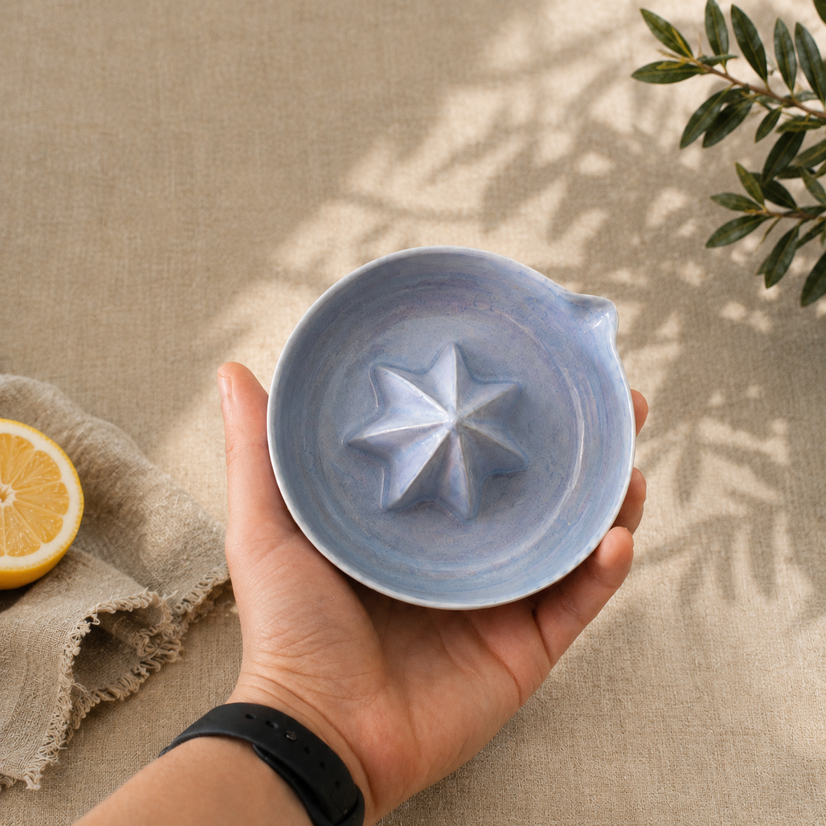 Light Blue Porcelain Citrus Juicer, Handmade Lemon Reamer with Pour Spout