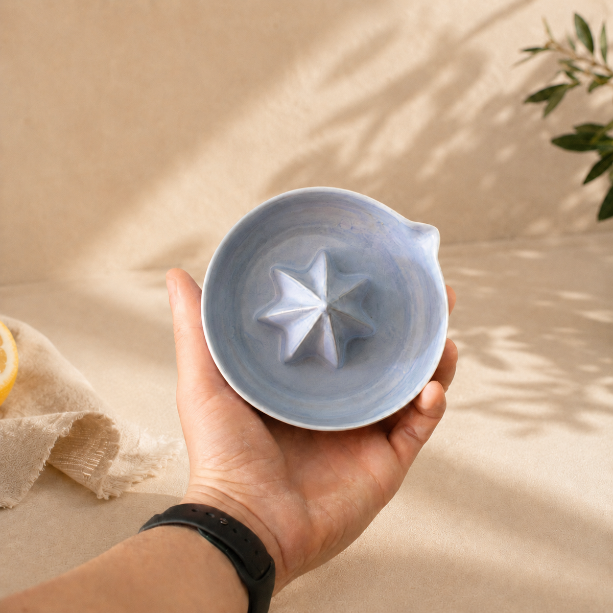 Light Blue Porcelain Citrus Juicer, Handmade Lemon Reamer with Pour Spout