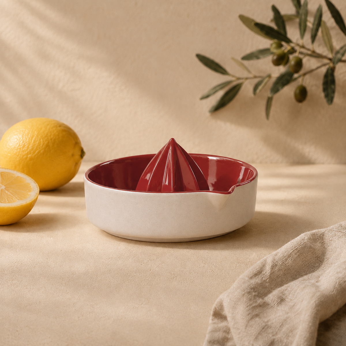 Red Porcelain Citrus Juicer, Handmade Lemon Reamer with Pour Spout