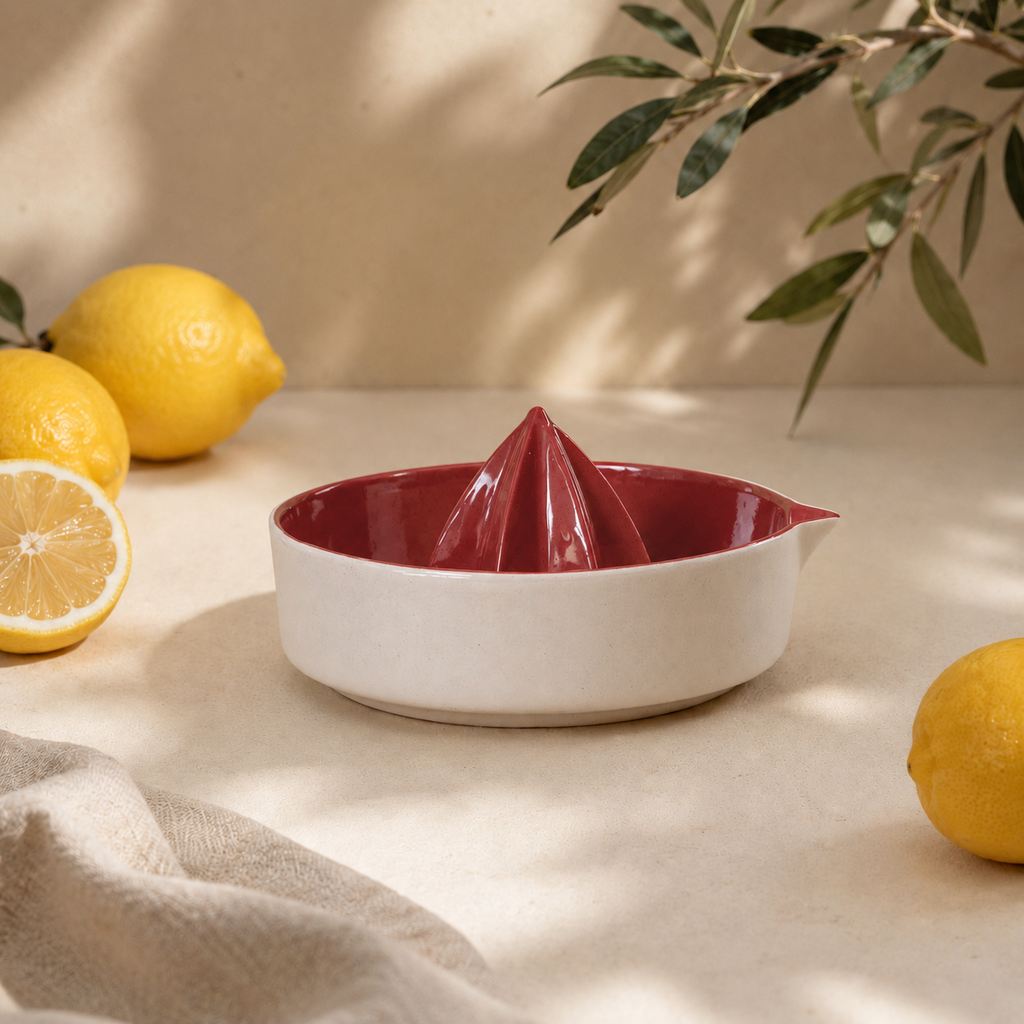 Red Porcelain Citrus Juicer, Handmade Lemon Reamer with Pour Spout