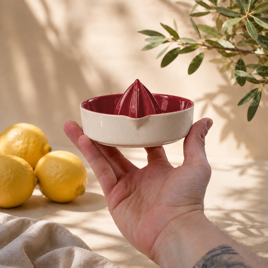 Red Porcelain Citrus Juicer, Handmade Lemon Reamer with Pour Spout