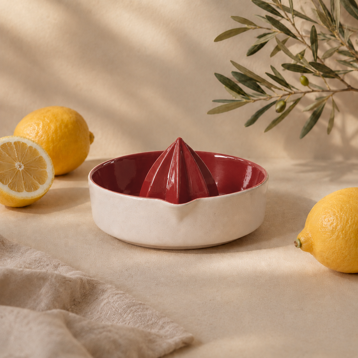 Red Porcelain Citrus Juicer, Handmade Lemon Reamer with Pour Spout