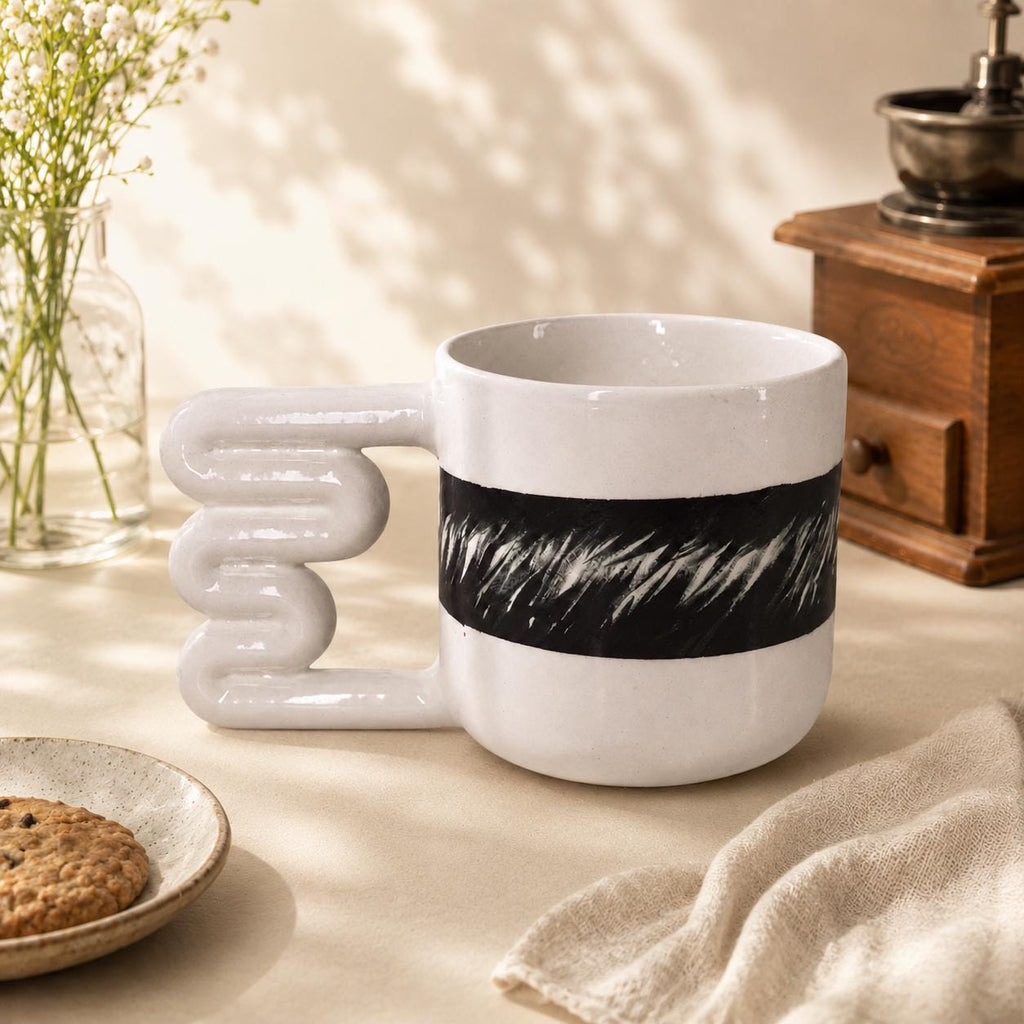 13.5 oz handmade porcelain mug with graphic brushstroke
