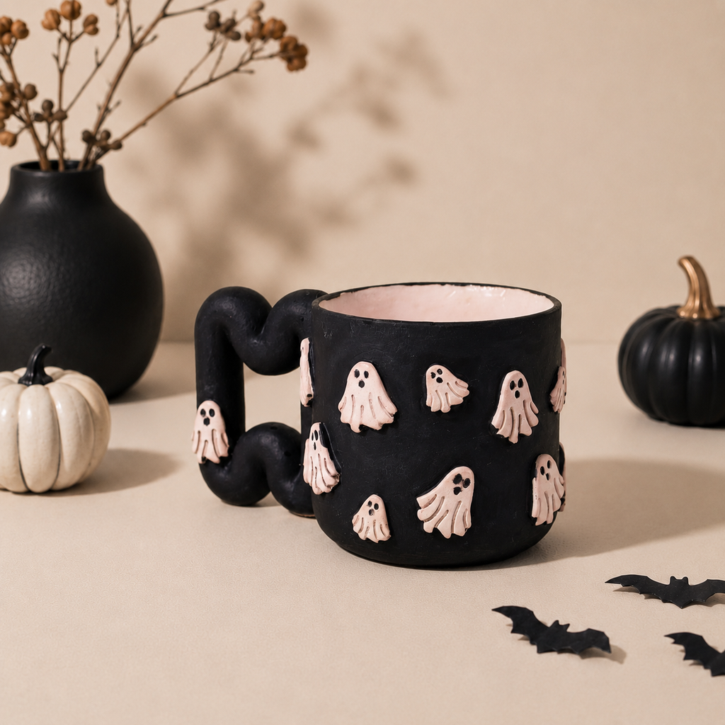 Wavy sculptural handle on a spooky porcelain cup