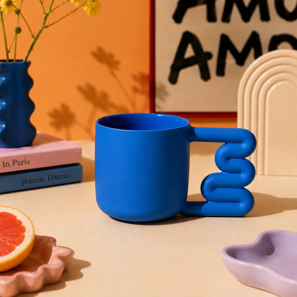 Cobalt Blue Porcelain Mug, 13.5 oz Sculptural Squiggle Handle Coffee Cup