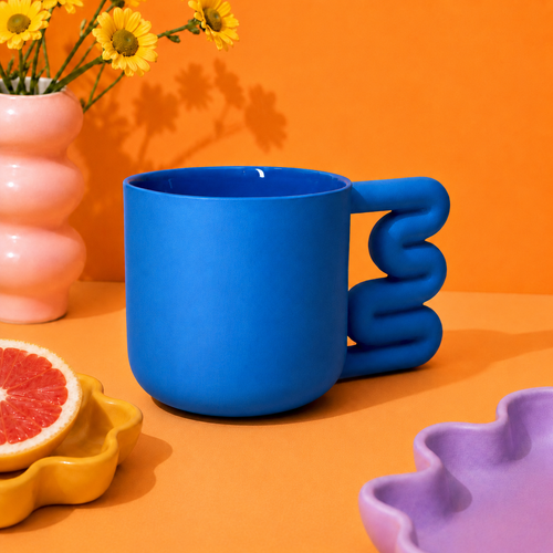 Cobalt Blue Porcelain Mug, 13.5 oz Sculptural Squiggle Handle Coffee Cup
