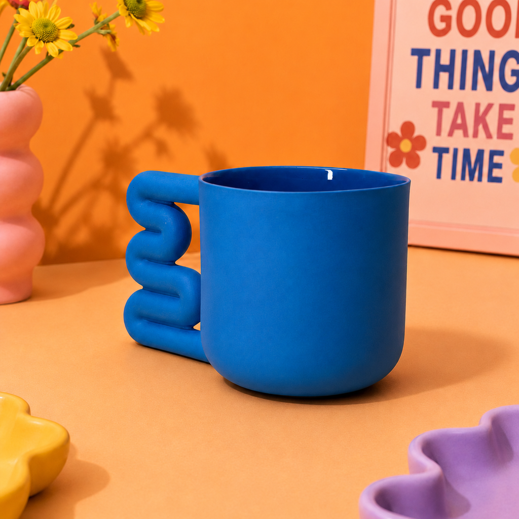 Cobalt Blue Porcelain Mug, 13.5 oz Sculptural Squiggle Handle Coffee Cup