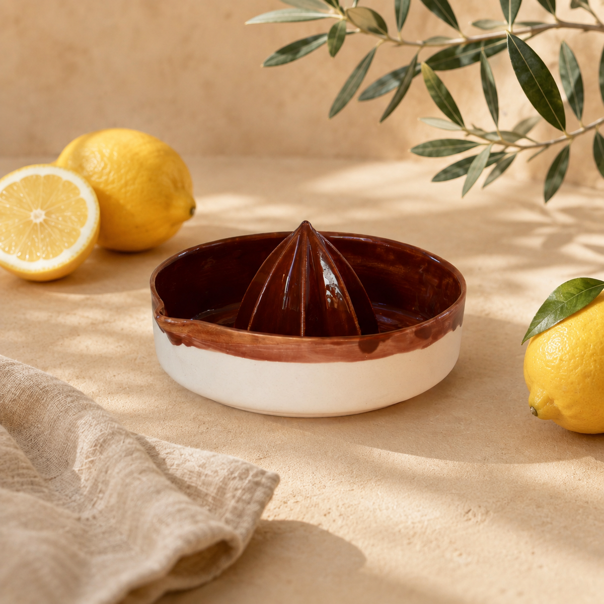Pour spout on a brown handmade juicer
