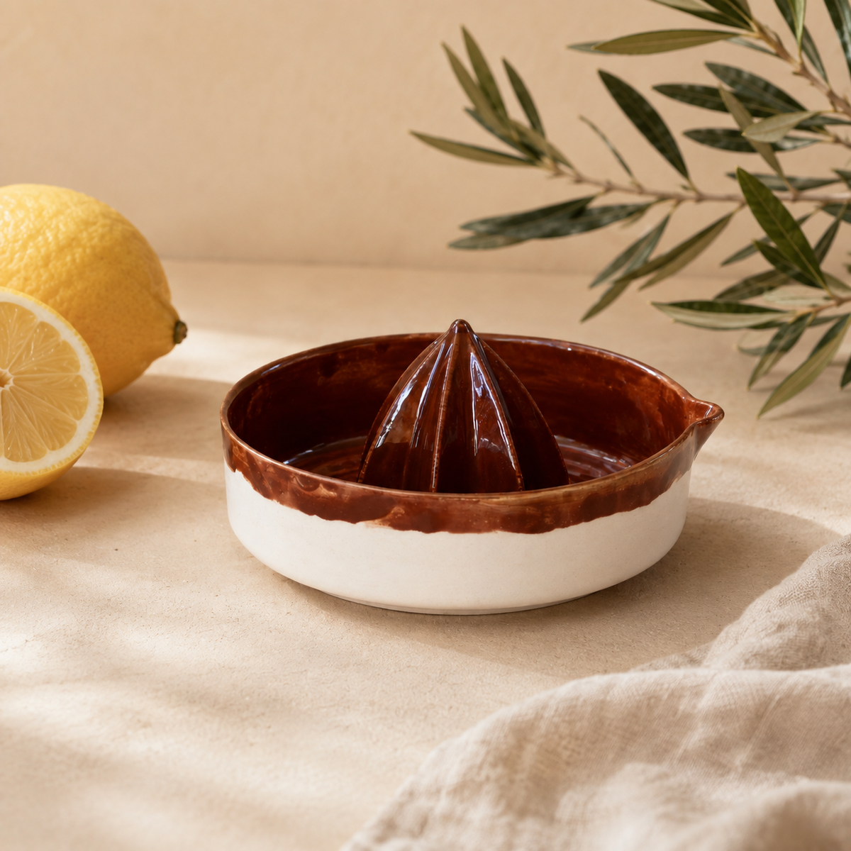 Brown Porcelain Citrus Juicer, Handmade Lemon Reamer with Pour Spout
