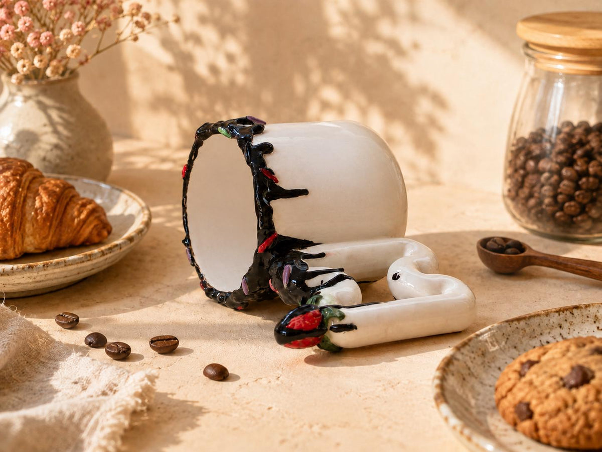 Chocolate drip coffee cup styled for a cozy mocha