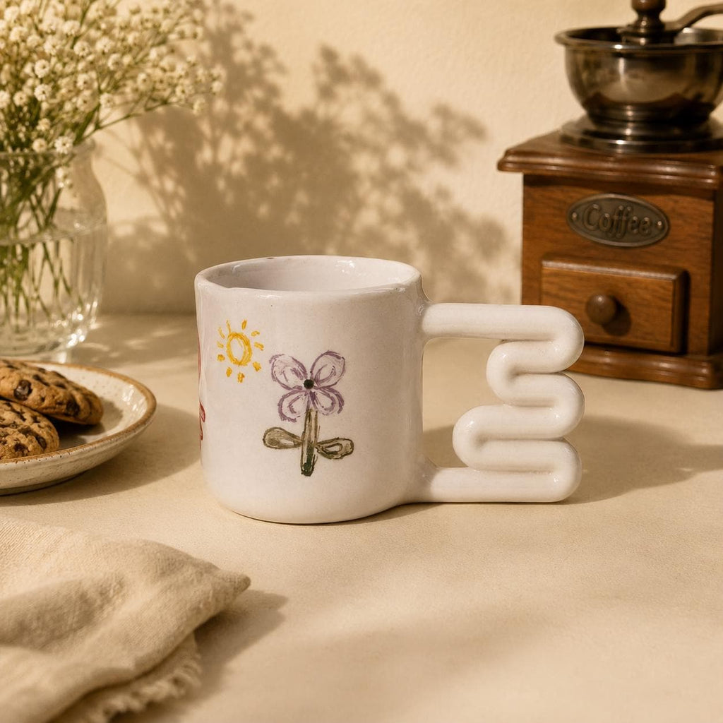 Colourful doodle porcelain mug with squiggle handle by HUE Atelier
