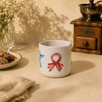Red bow and purple flower illustrations on handmade porcelain