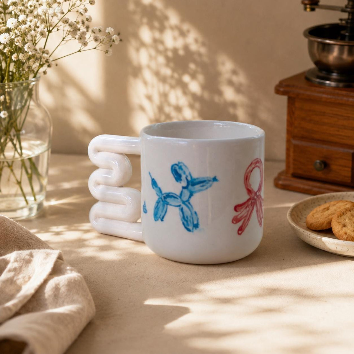 Sculptural squiggle handle on a playful illustrated mug