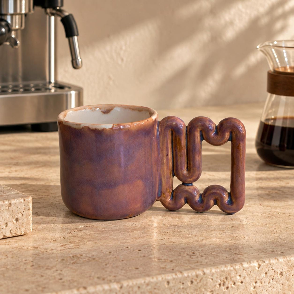 Copper pink porcelain mug with square zigzag handle by HUE Atelier