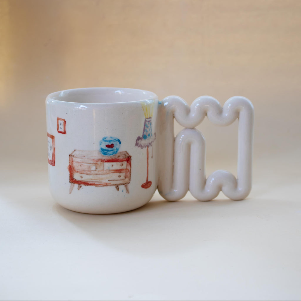 Hand-painted cozy living room porcelain mug by HUE Atelier