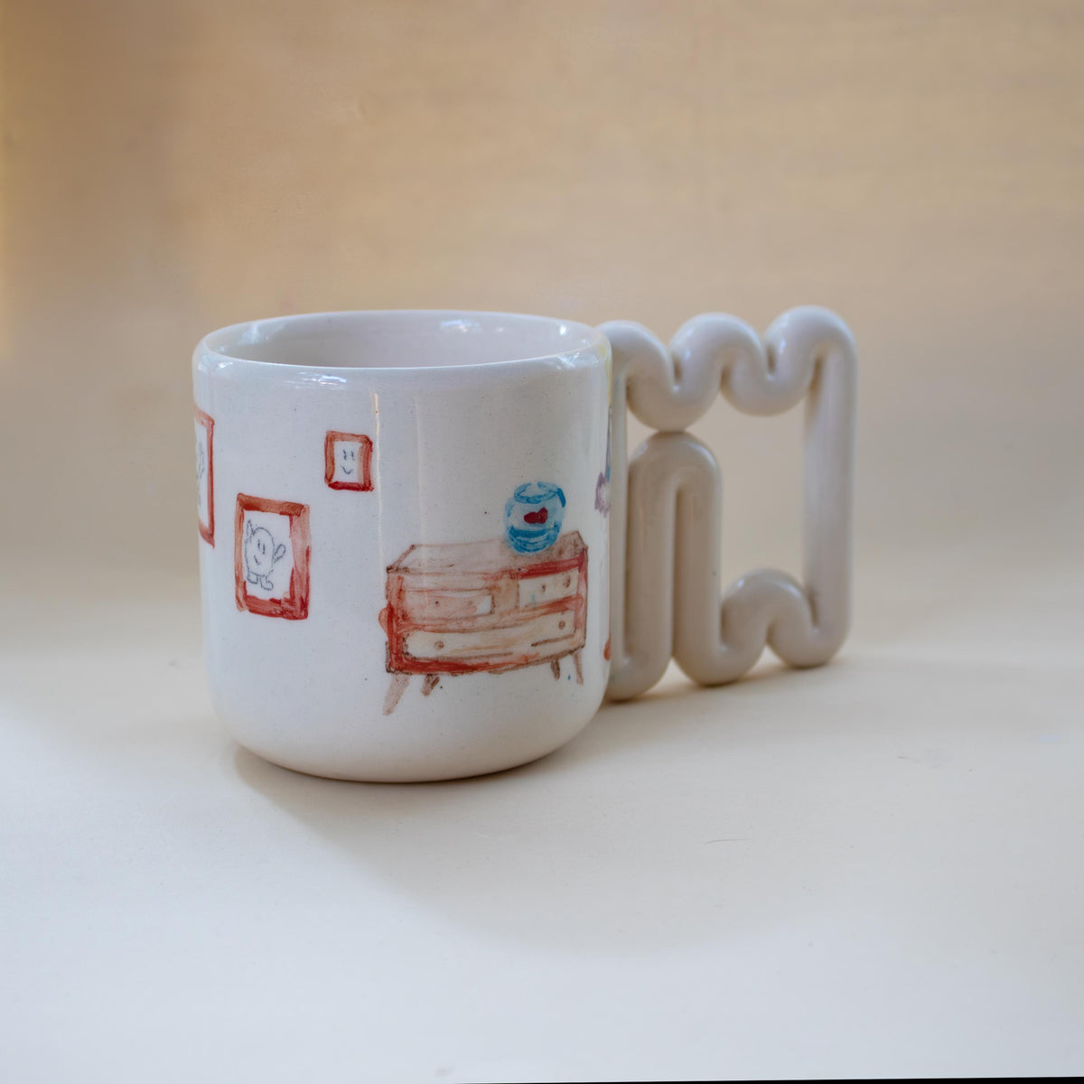 Living room illustration painted on a coffee mug