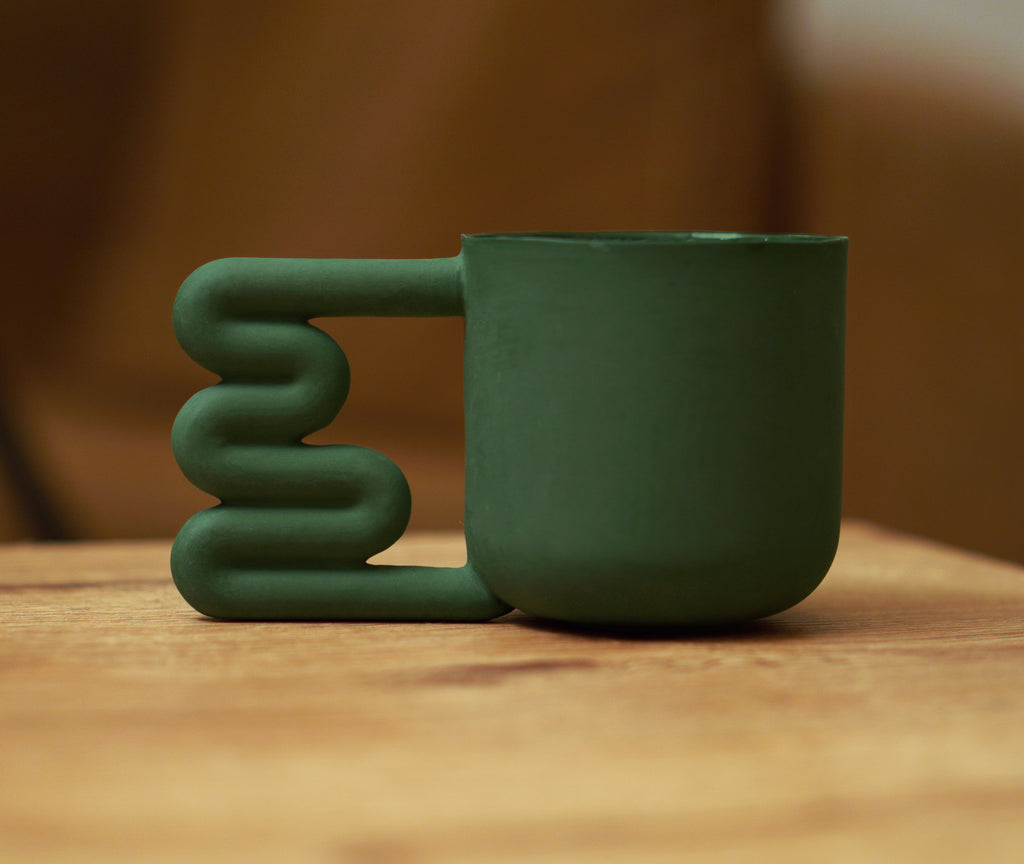 Dark Green Porcelain Mug, 13.5 oz Sculptural Squiggle Handle Coffee Cup