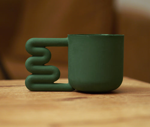 Dark Green Porcelain Mug, 13.5 oz Sculptural Squiggle Handle Coffee Cup