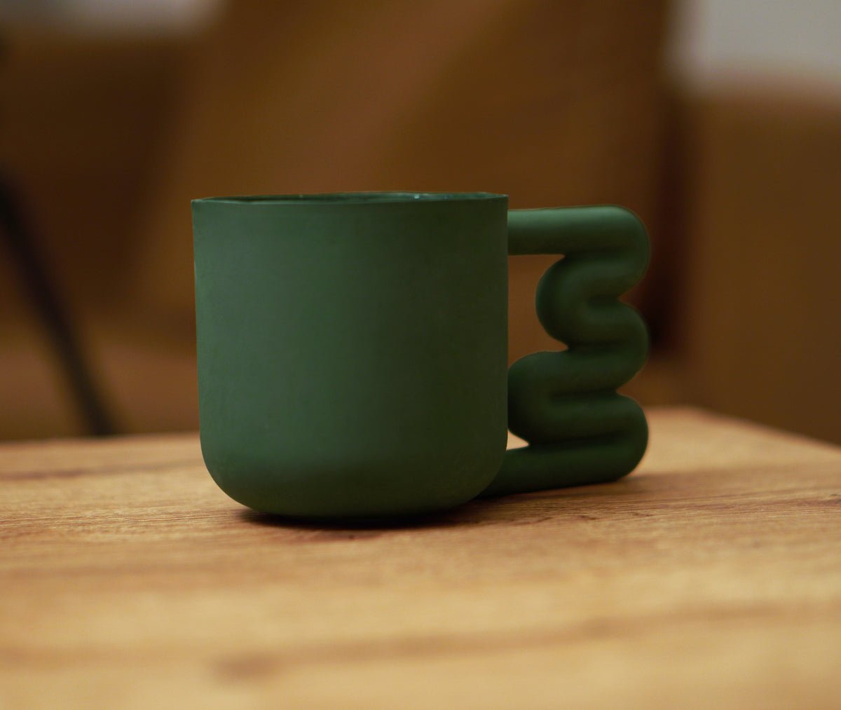 Dark Green Porcelain Mug, 13.5 oz Sculptural Squiggle Handle Coffee Cup