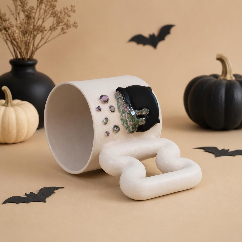 13.5 oz porcelain witch mug with clear glazed interior for coffee and tea
