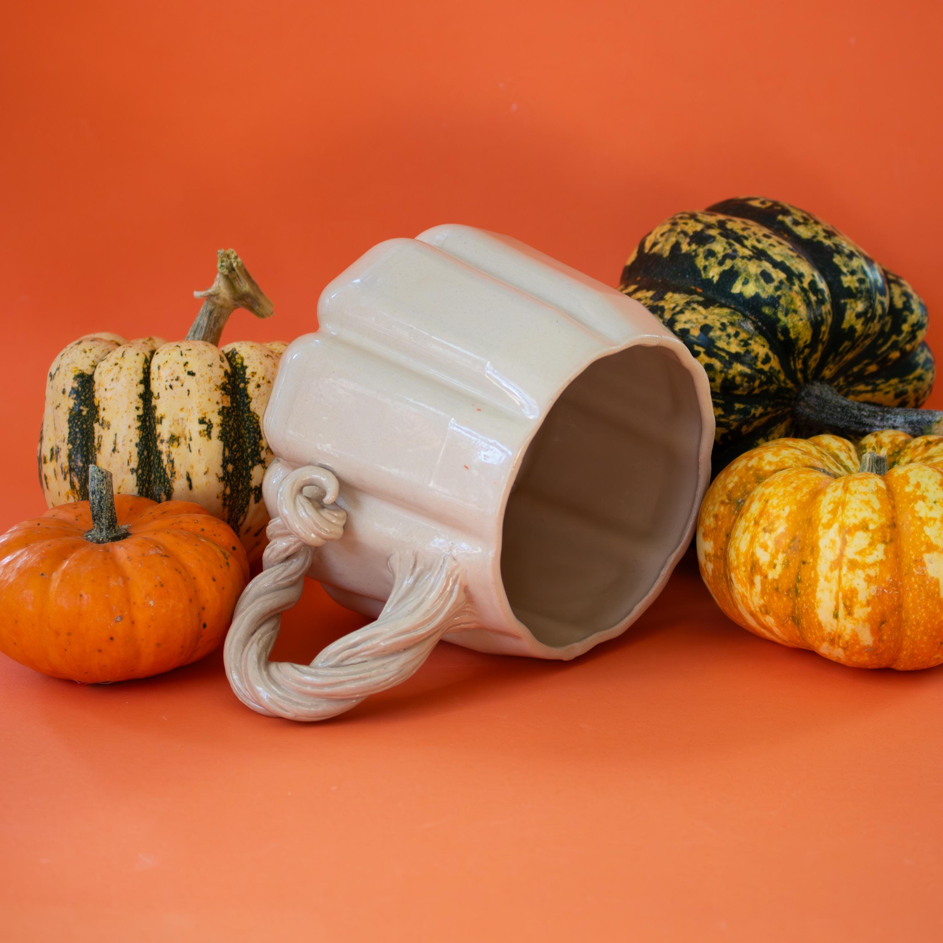 Large pumpkin mug: handmade stoneware cup for coffee, tea and iced drinks