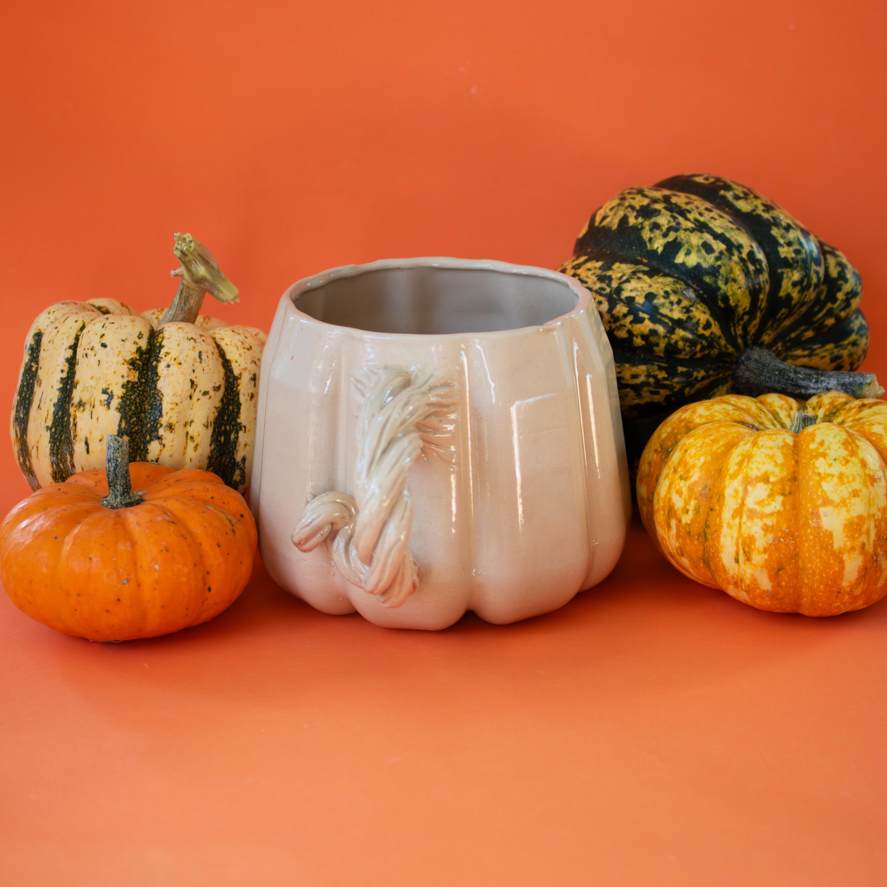 Large pumpkin mug: handmade stoneware cup for coffee, tea and iced drinks