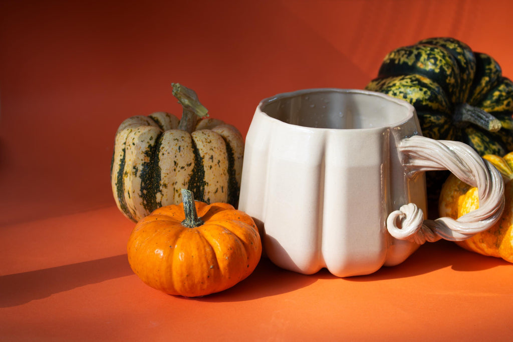 Large pumpkin mug: handmade stoneware cup for coffee, tea and iced drinks