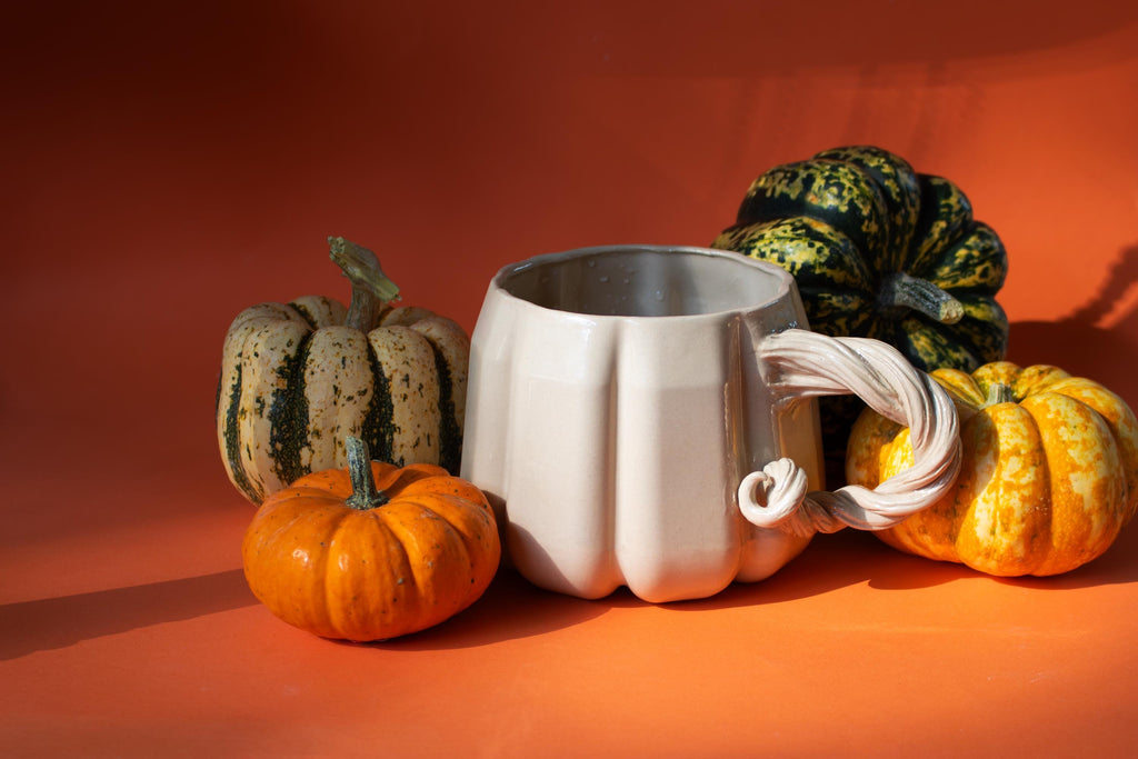 Large pumpkin mug: handmade stoneware cup for coffee, tea and iced drinks
