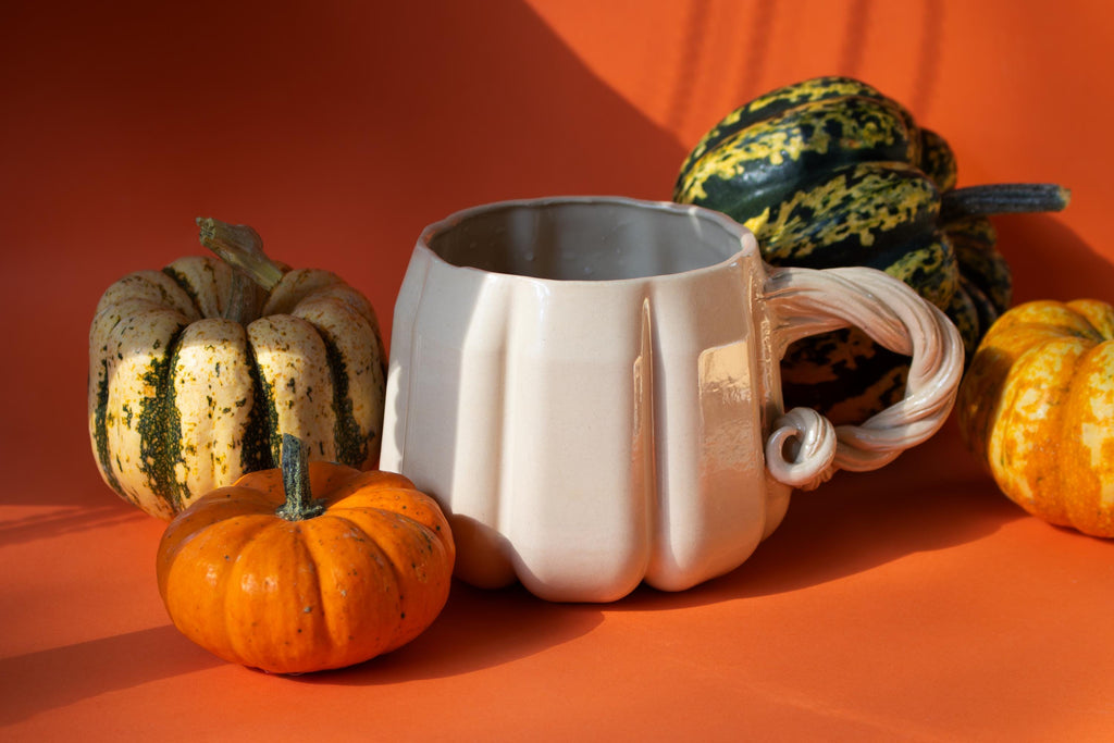 Large pumpkin mug: handmade stoneware cup for coffee, tea and iced drinks
