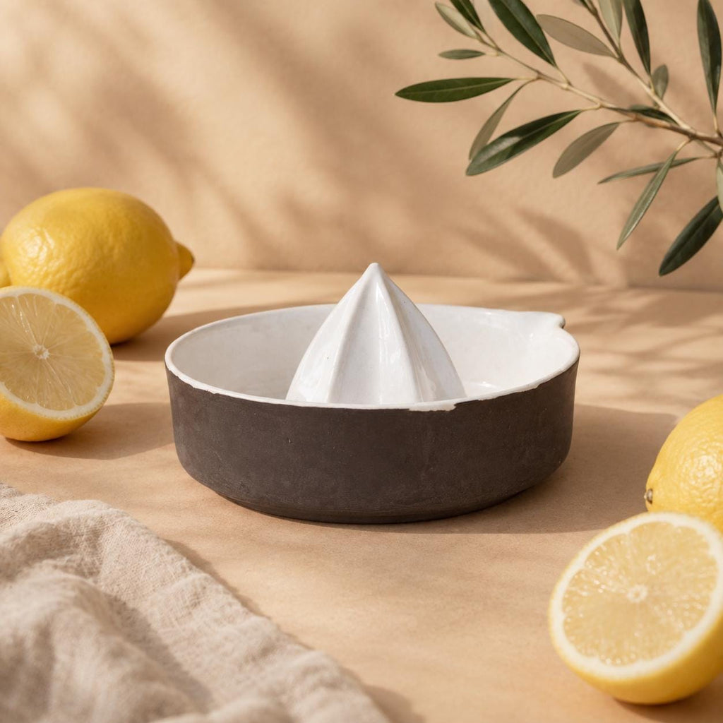 Glossy white ridged reamer inside a brown lemon squeezer