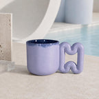 Periwinkle blue porcelain mug with geometric handle by HUE Atelier