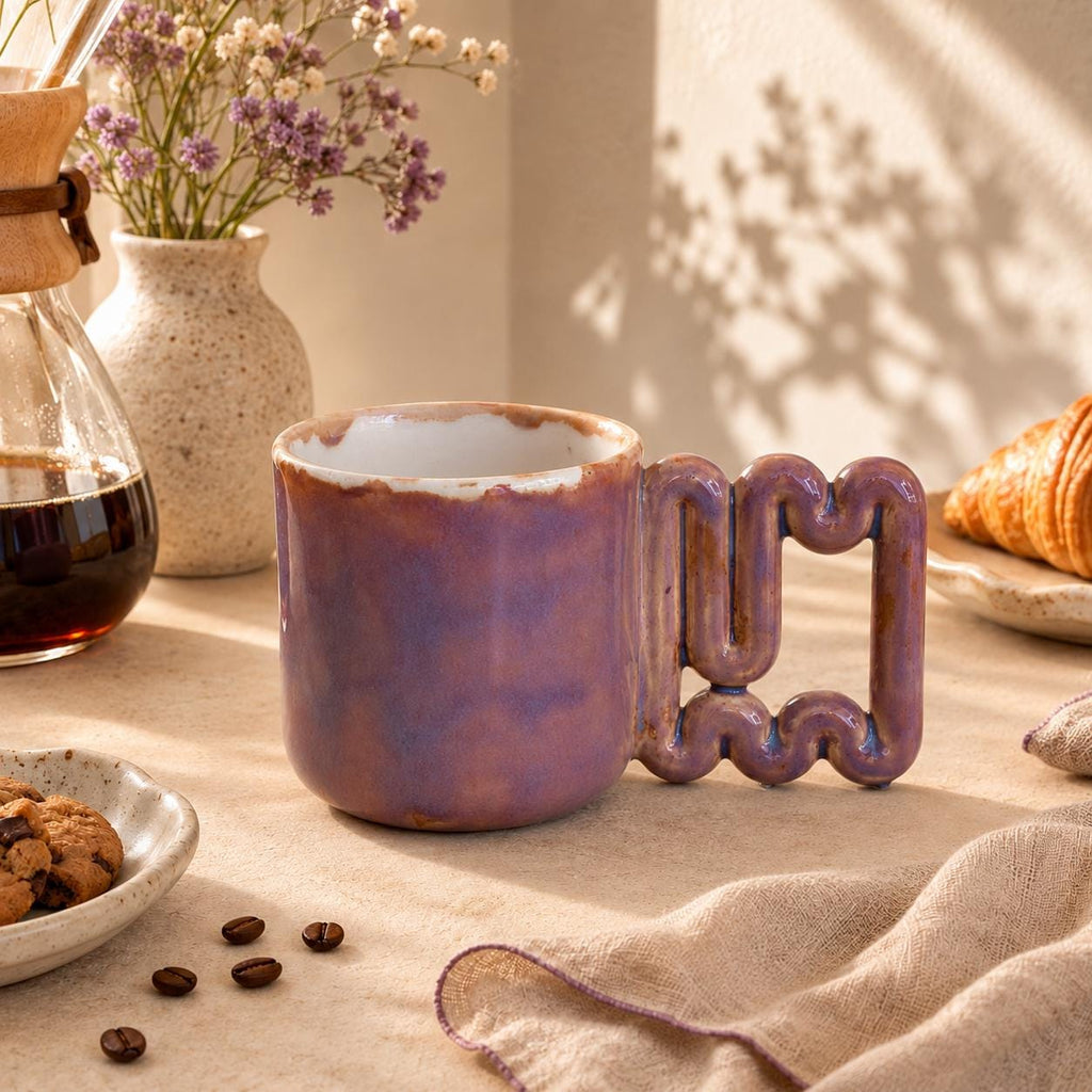 Purple glazed porcelain mug with geometric wavy handle by HUE Atelier