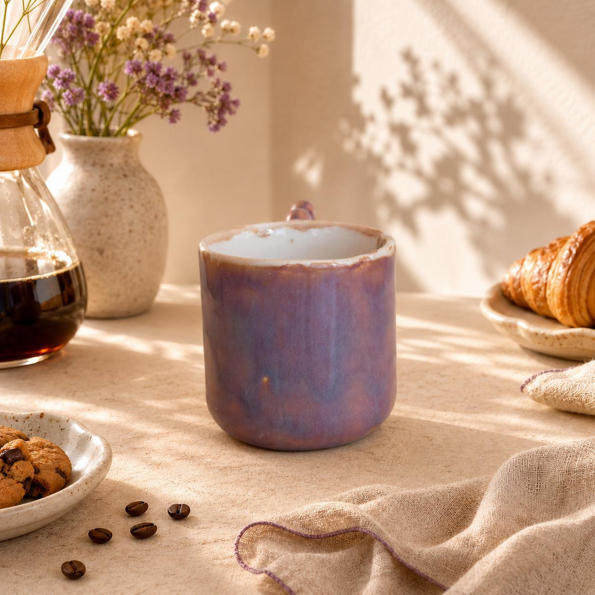 Repeating wave handle on a purple ceramic cup