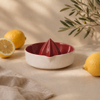 Red and white kitchenware for fresh lemon juice