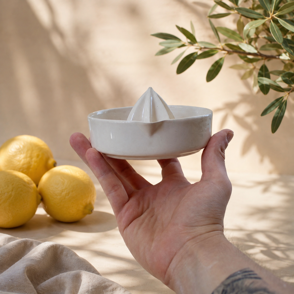Warm White Porcelain Citrus Juicer, Handmade Lemon Reamer with Pour Spout